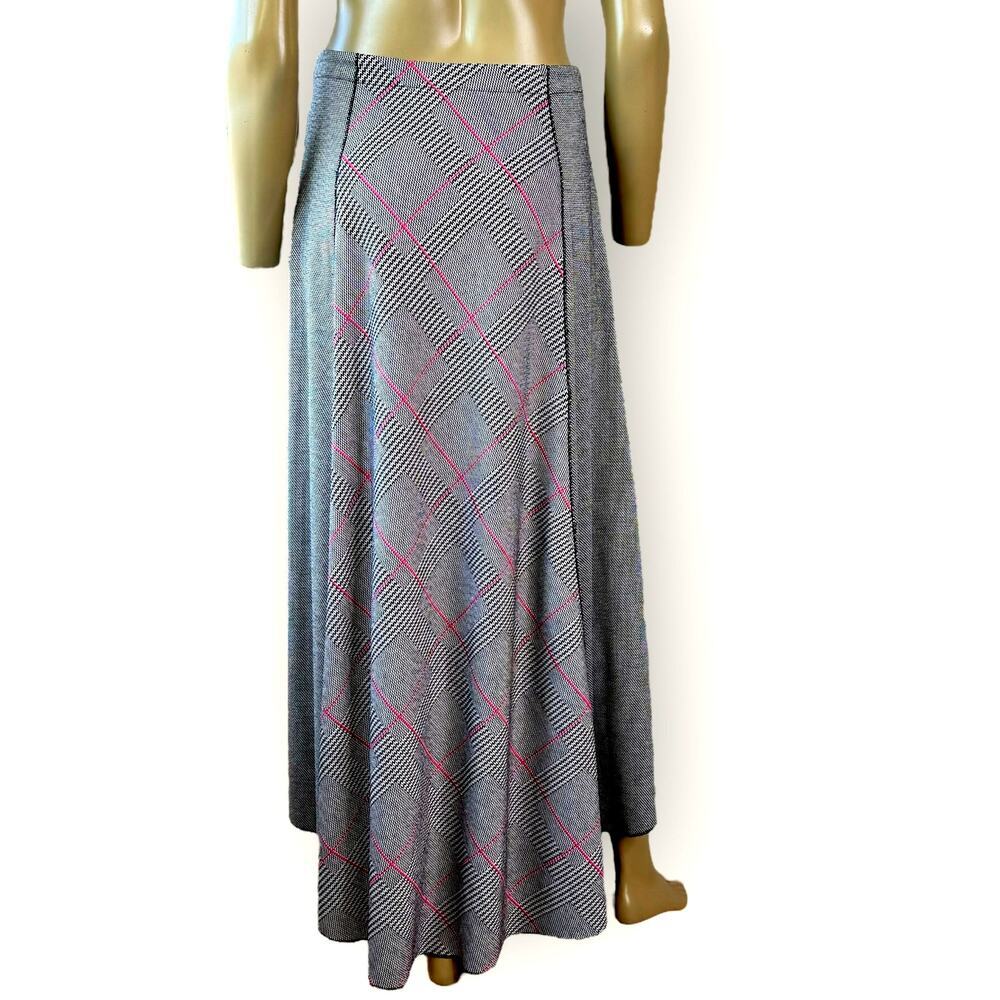 Cato Plaid Flare Midi Skirt Size M Gray Pink High Low Stretchy Ponte Knit Pullon - Picture 2 of 13